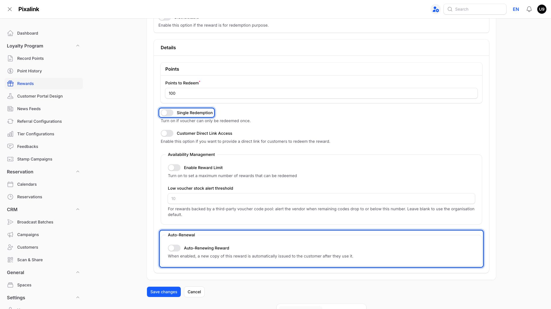 Reward Settings tab with the Single Redemption toggle and the Auto-Renewal box highlighted, both switched off