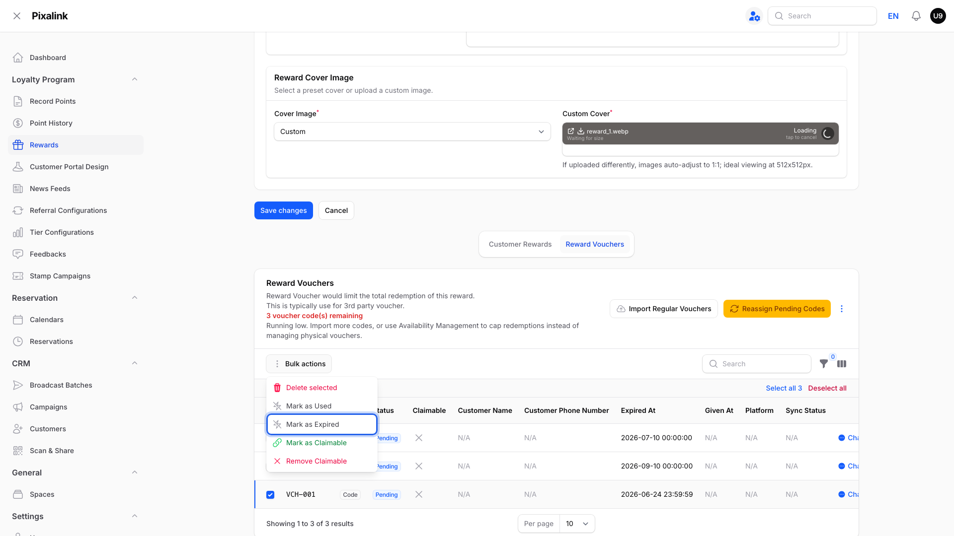 Reward Vouchers list with one Pending code ticked and the Bulk actions menu open, Mark as Expired highlighted