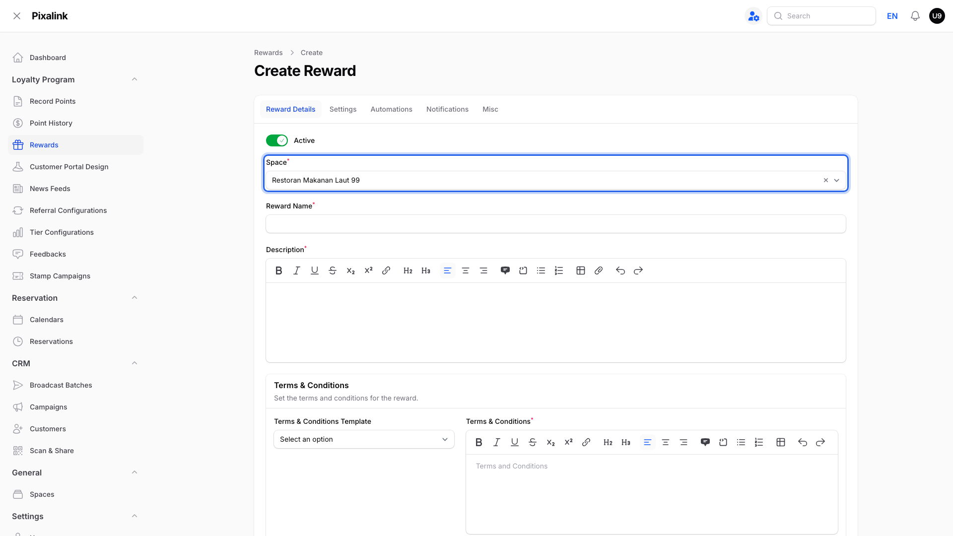 Create Reward page with the Space field highlighted at the top of the Reward Details tab