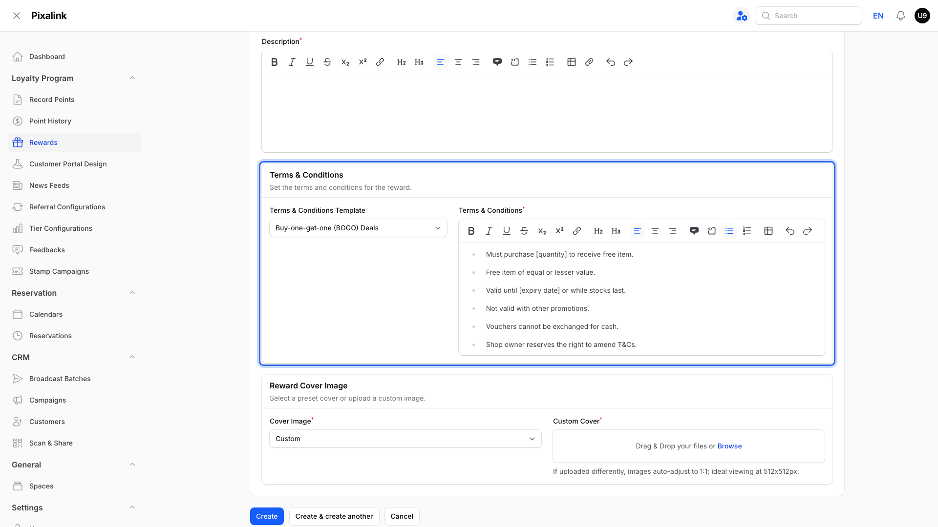 Terms and Conditions section with Buy-one-get-one (BOGO) Deals picked in the Terms & Conditions Template box and its terms filled in