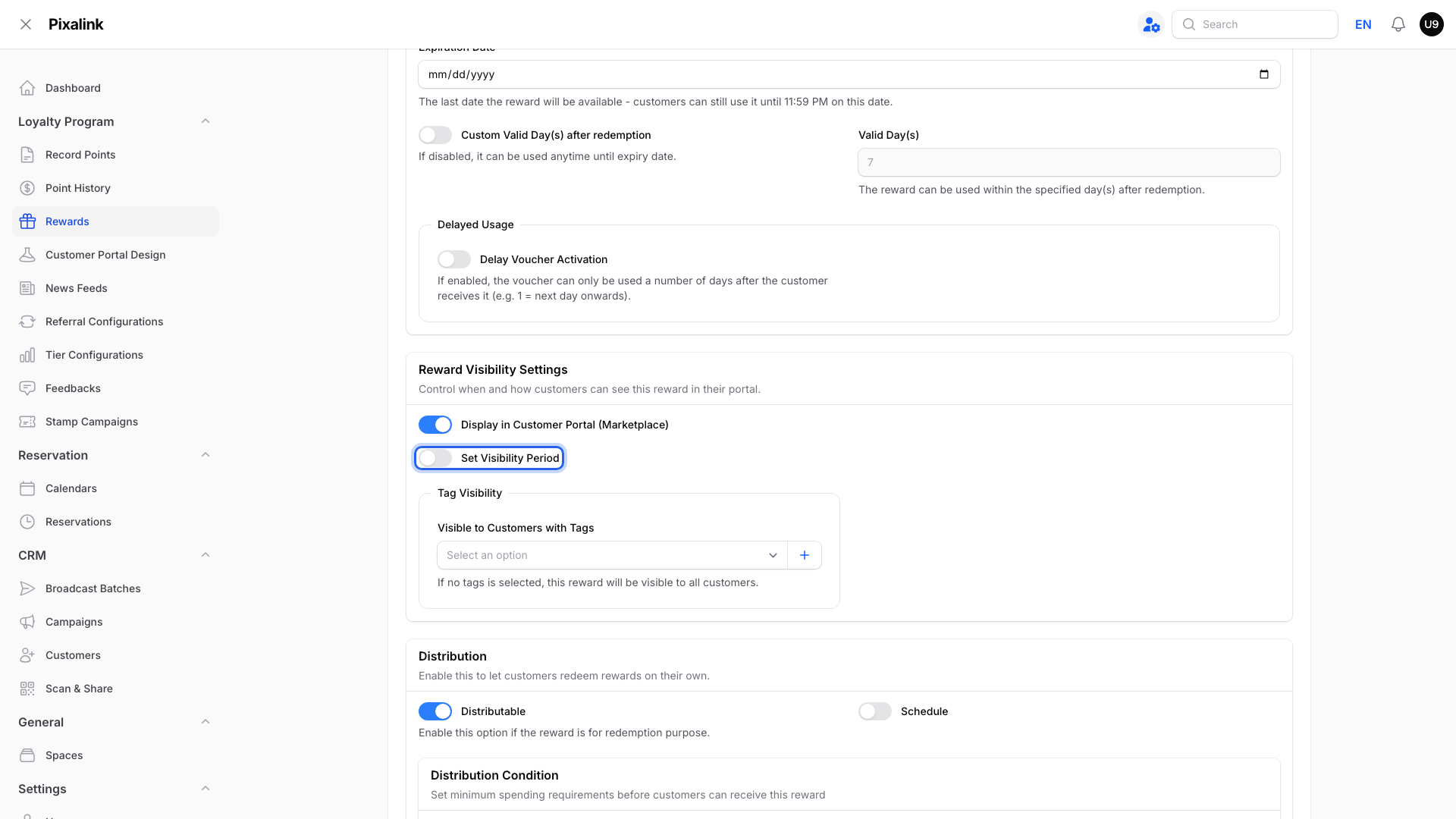 Reward Visibility Settings on the Settings tab with the Set Visibility Period toggle highlighted while it is still off