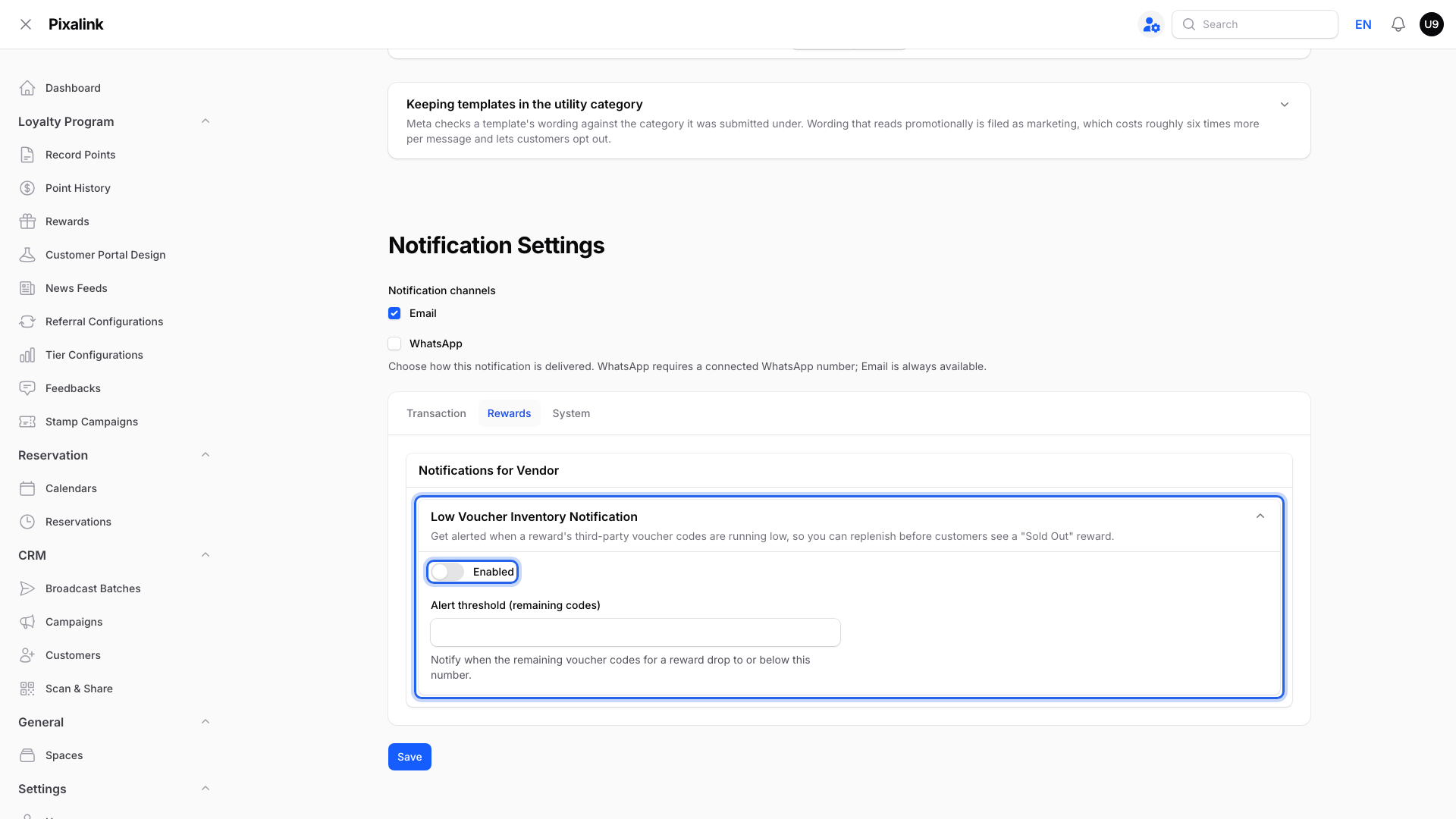 Notification Settings on the Configurations page, Rewards tab, with the Low Voucher Inventory Notification Enabled switch highlighted while it is still off, and the Save button below