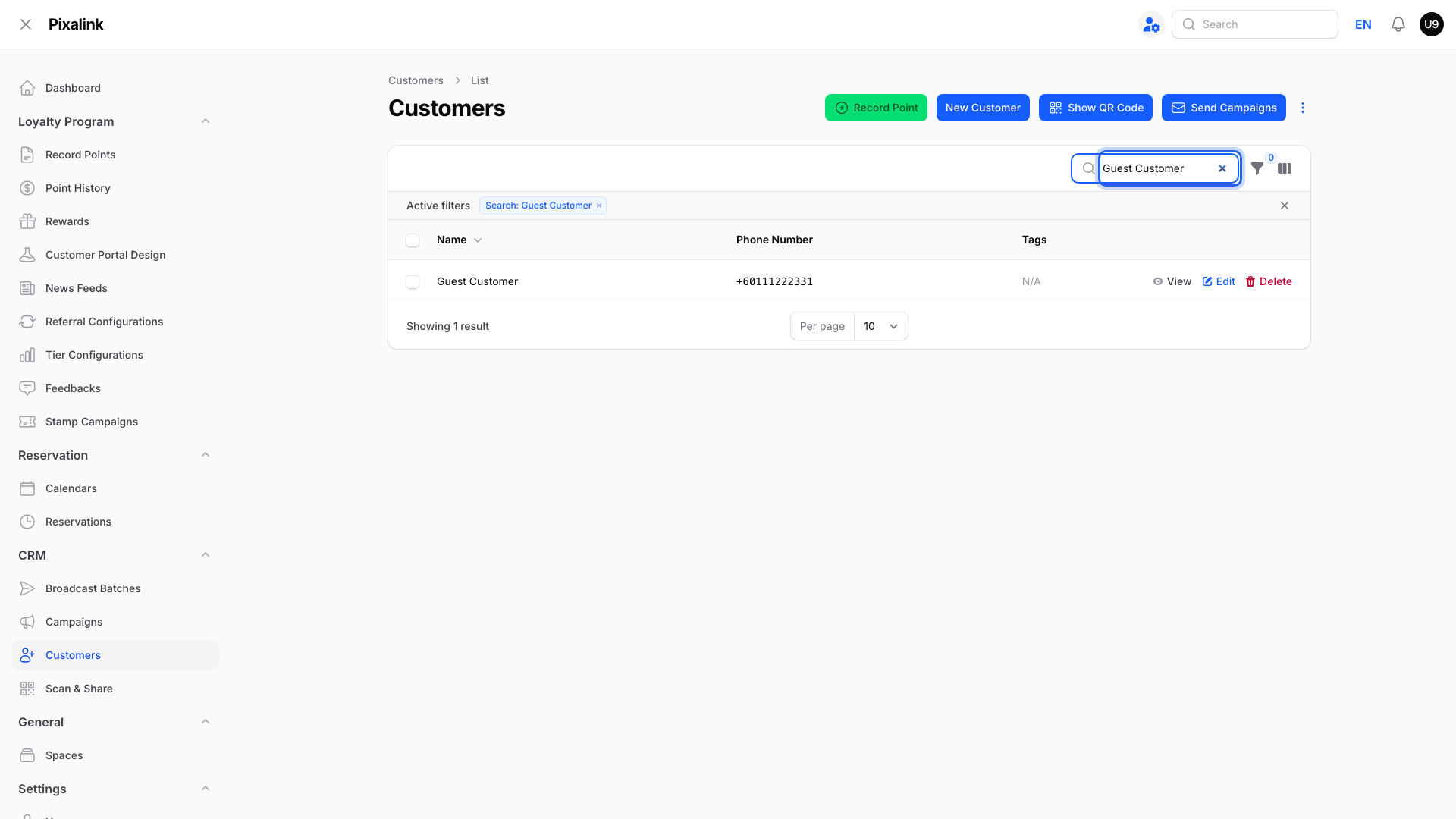 Customers list with Guest Customer typed in the highlighted search box and one matching customer