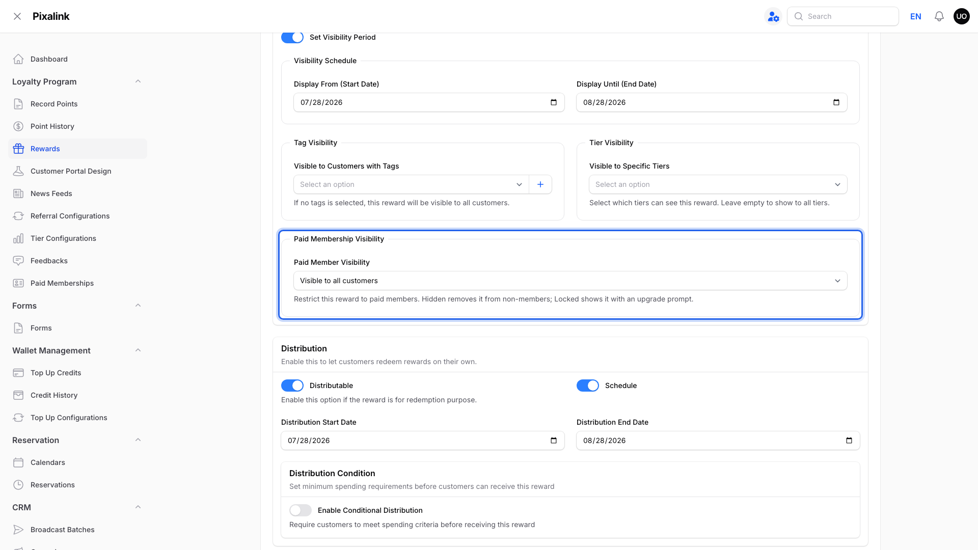 Reward Visibility Settings with the Paid Membership Visibility box highlighted, set to Visible to all customers