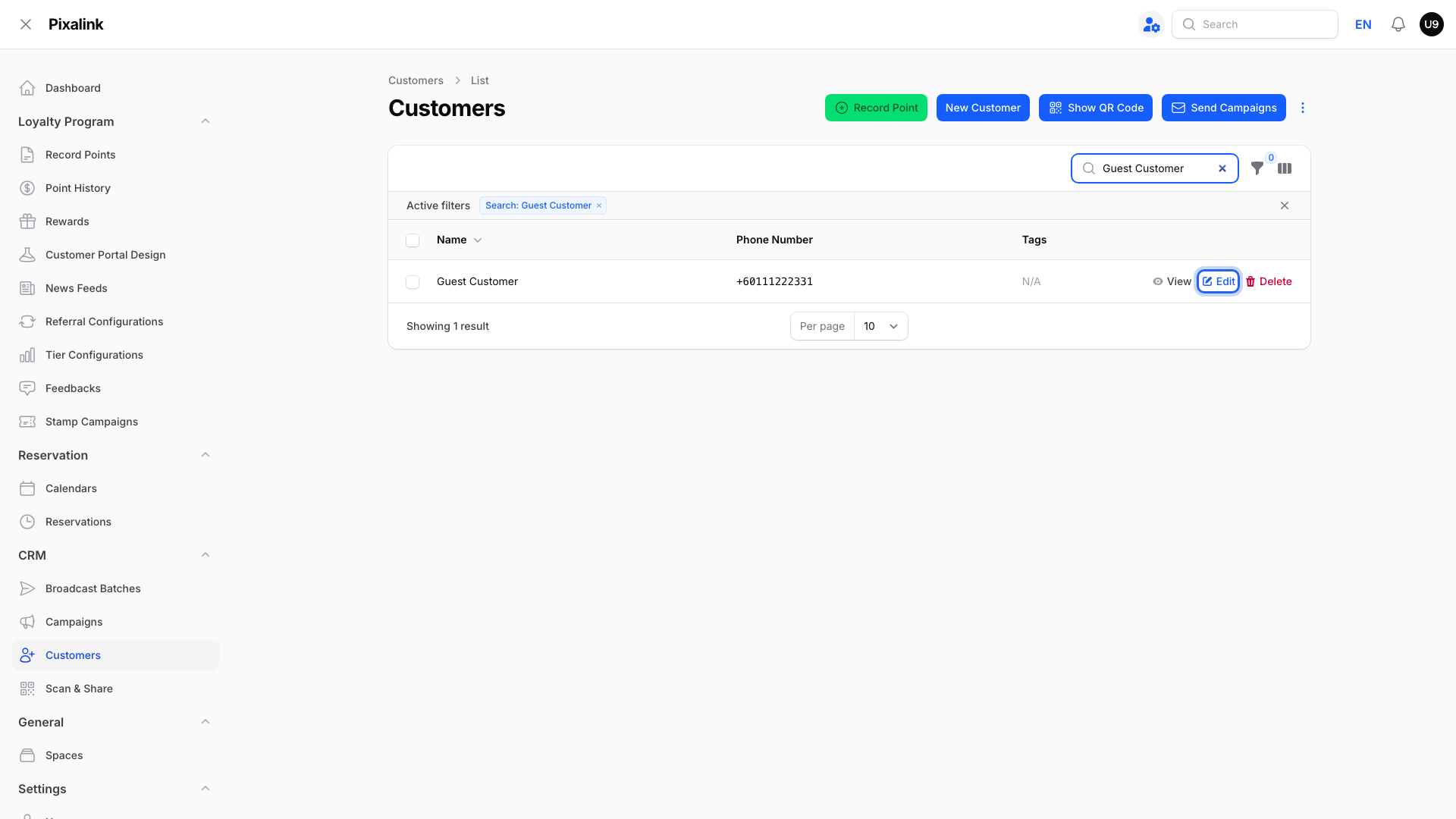 Customers list filtered to Guest Customer with the Edit action on the row highlighted