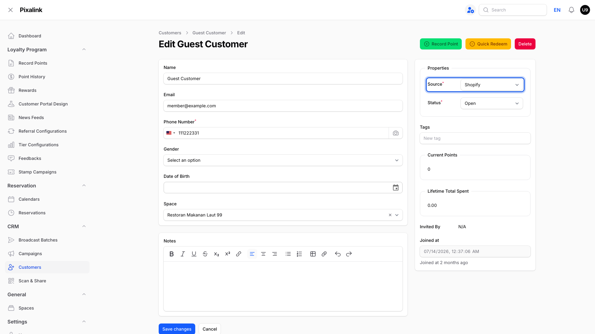 Edit Guest Customer page with the Source field under Properties highlighted, showing Shopify