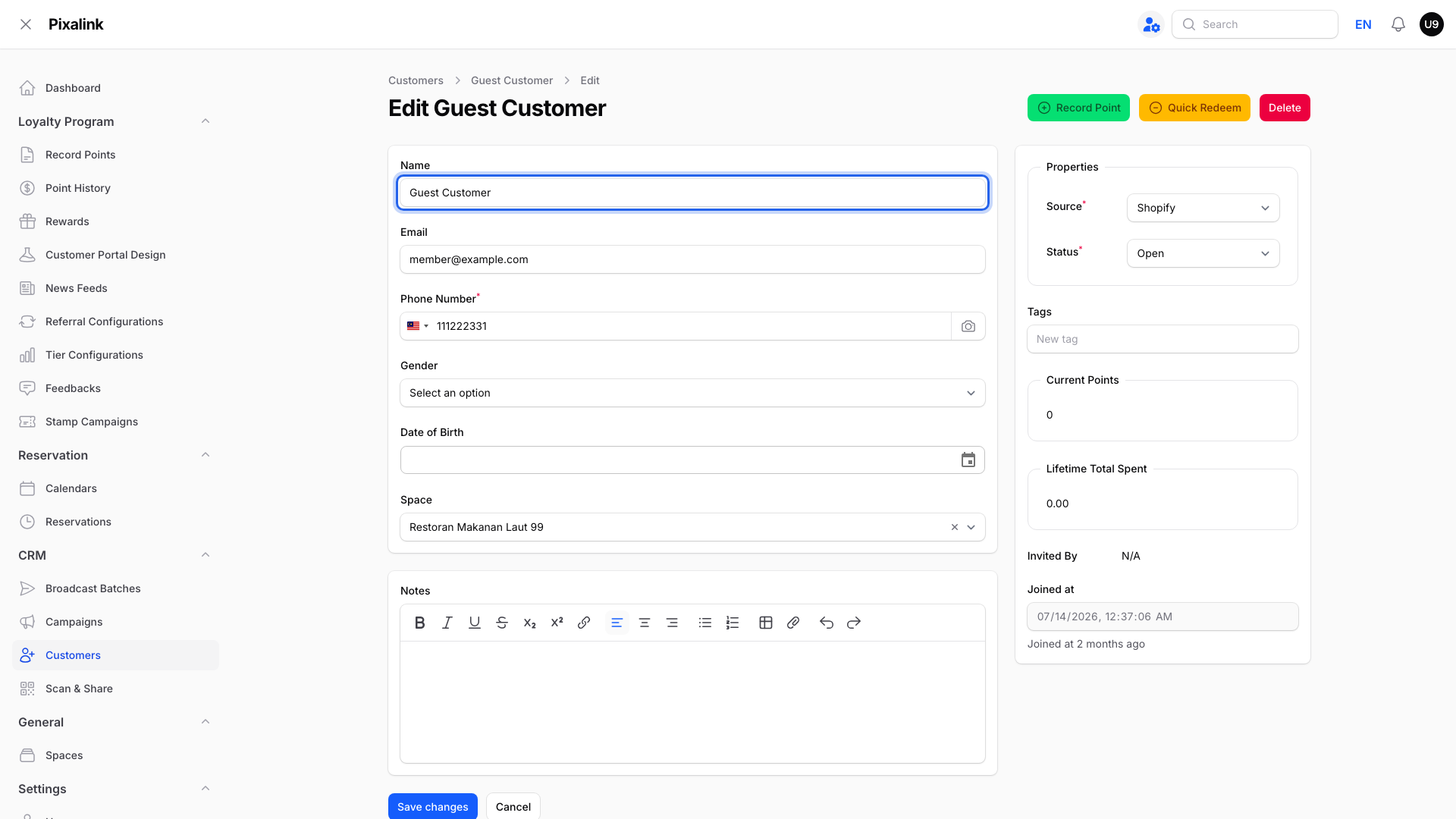 Edit Guest Customer page with the Name field highlighted, still showing Guest Customer