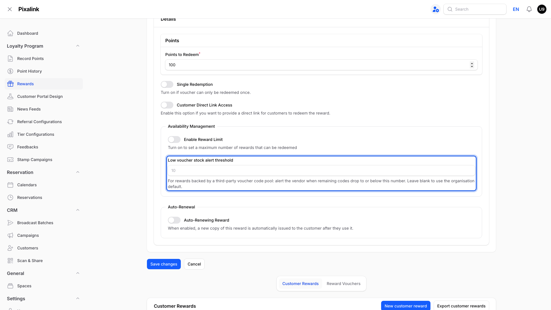 Availability Management box with the Low voucher stock alert field highlighted, and the Save changes button below