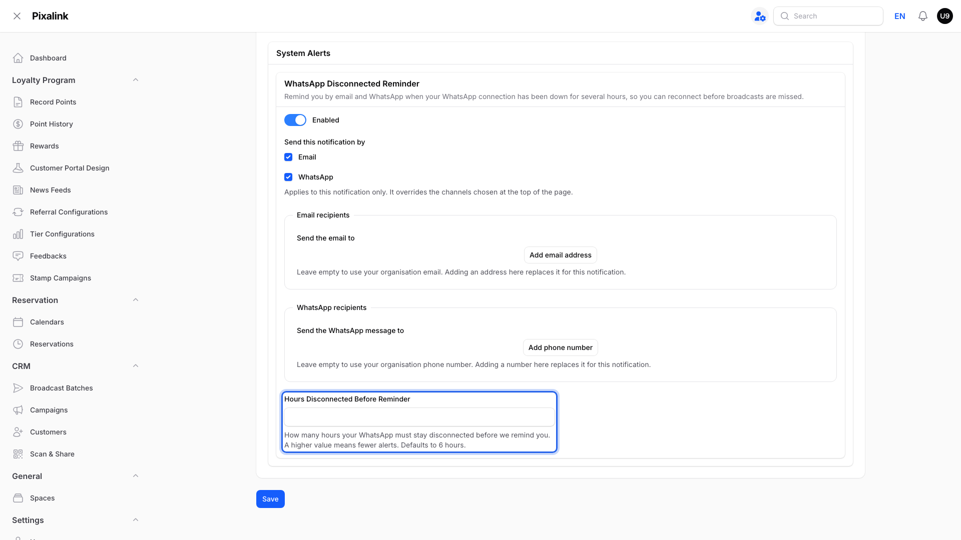 System tab of Notification Settings showing WhatsApp Disconnected Reminder switched on, Email and WhatsApp ticked, and the Hours Disconnected Before Reminder field highlighted