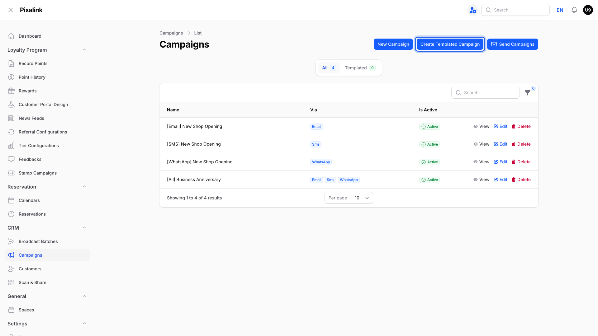 Campaigns list under CRM with the Create Templated Campaign button highlighted at the top right