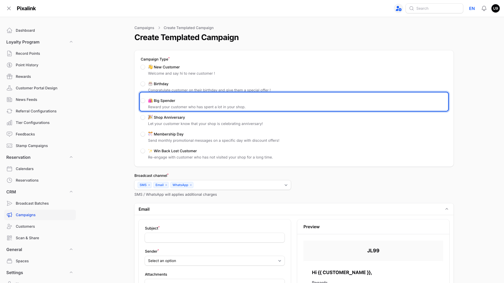Create Templated Campaign page with the Big Spender campaign type highlighted among New Customer, Birthday, Shop Anniversary, Membership Day and Win Back Lost Customer