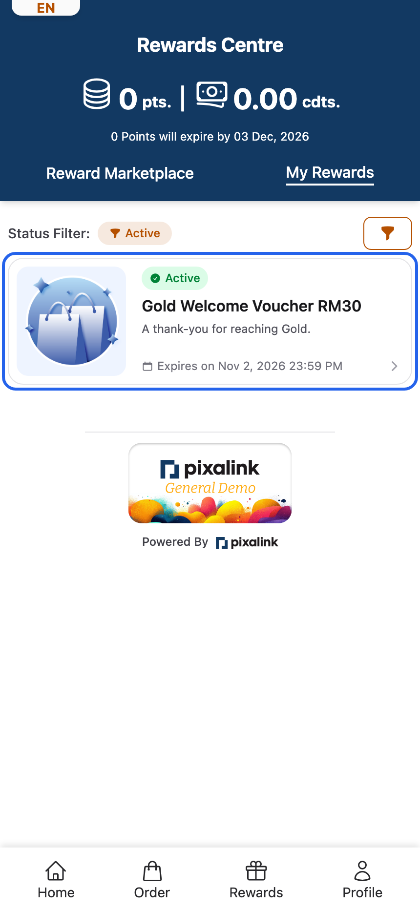Customer portal Rewards Centre, My Rewards tab, with the Gold Welcome Voucher card highlighted, showing Active and its expiry date