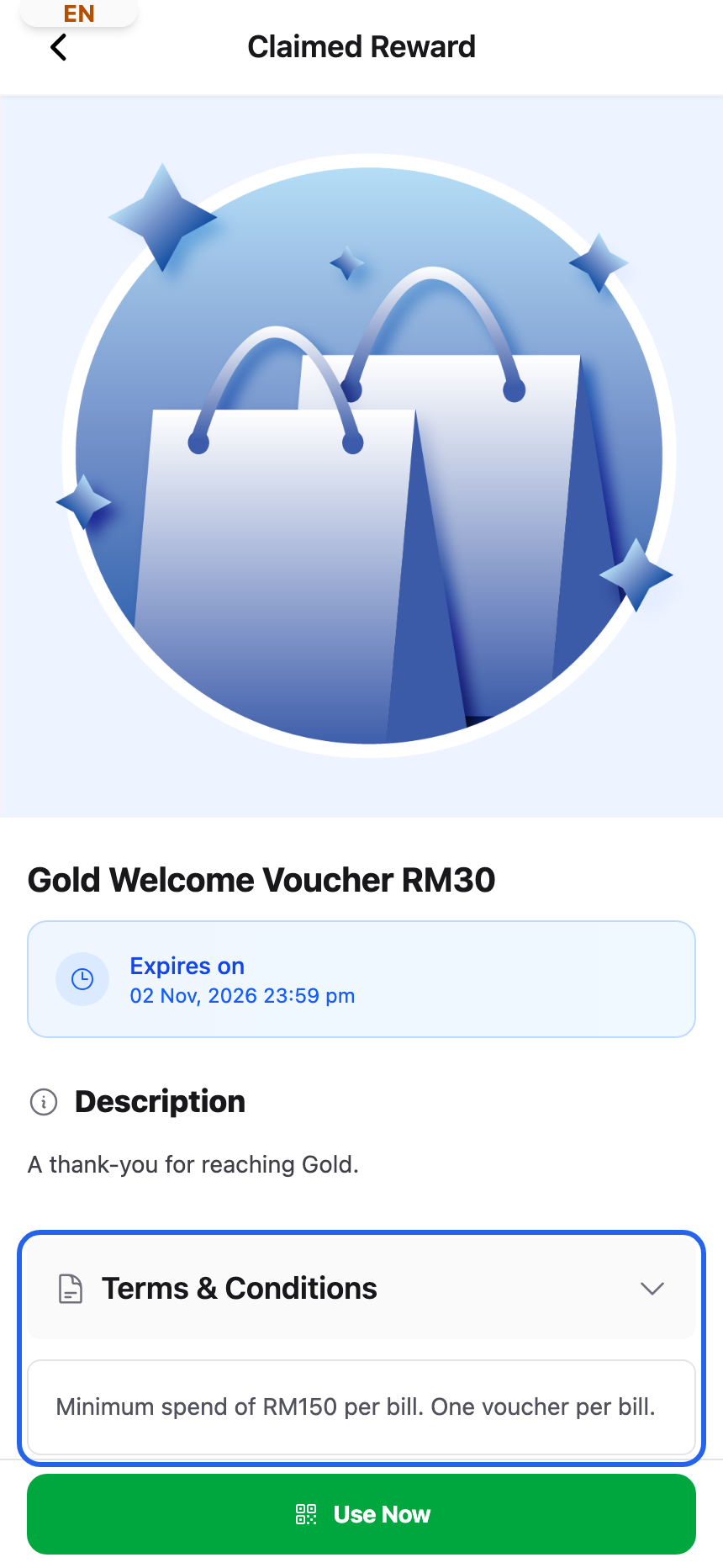 Customer portal voucher page for the Gold Welcome Voucher with the Terms and Conditions box highlighted, reading Minimum spend of RM150 per bill