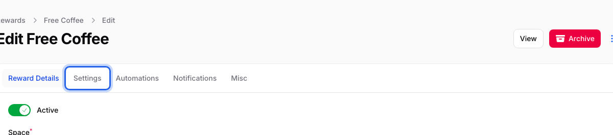 Edit reward page header with the Settings tab highlighted next to Reward Details