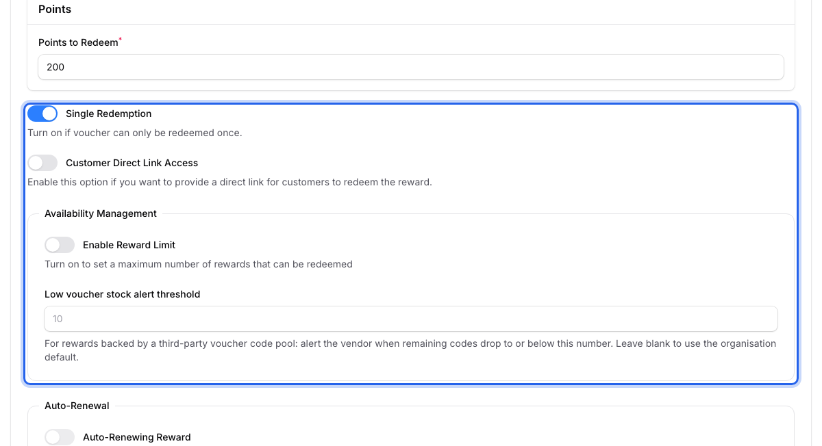 Single Redemption switch and the Availability Management box with Enable Reward Limit highlighted