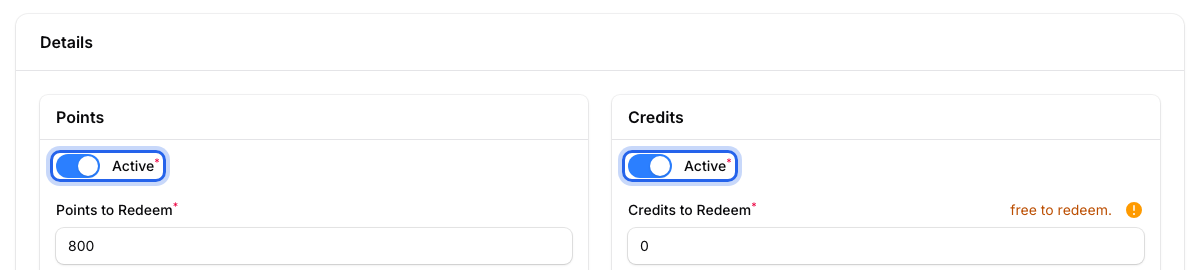 Points and Credits boxes with their Active switches highlighted