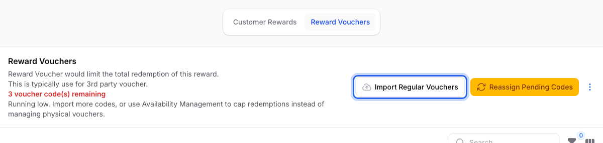 Reward Vouchers tab with 3 voucher codes remaining and the Import Regular Vouchers button highlighted