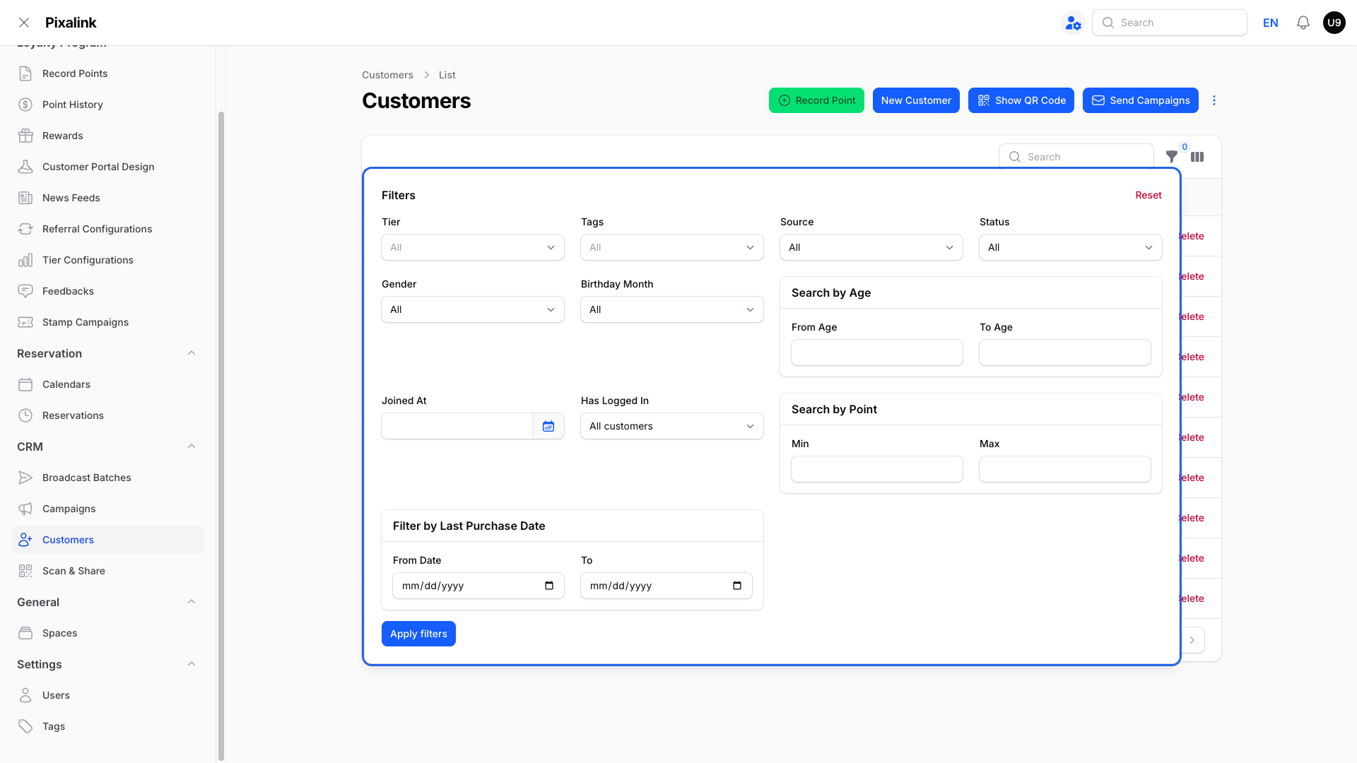 Customers list with the Filters panel open and highlighted, showing Tier, Tags, Source, Status, Gender, Birthday Month, Joined At, age, points and last purchase date filters and the Apply filters button