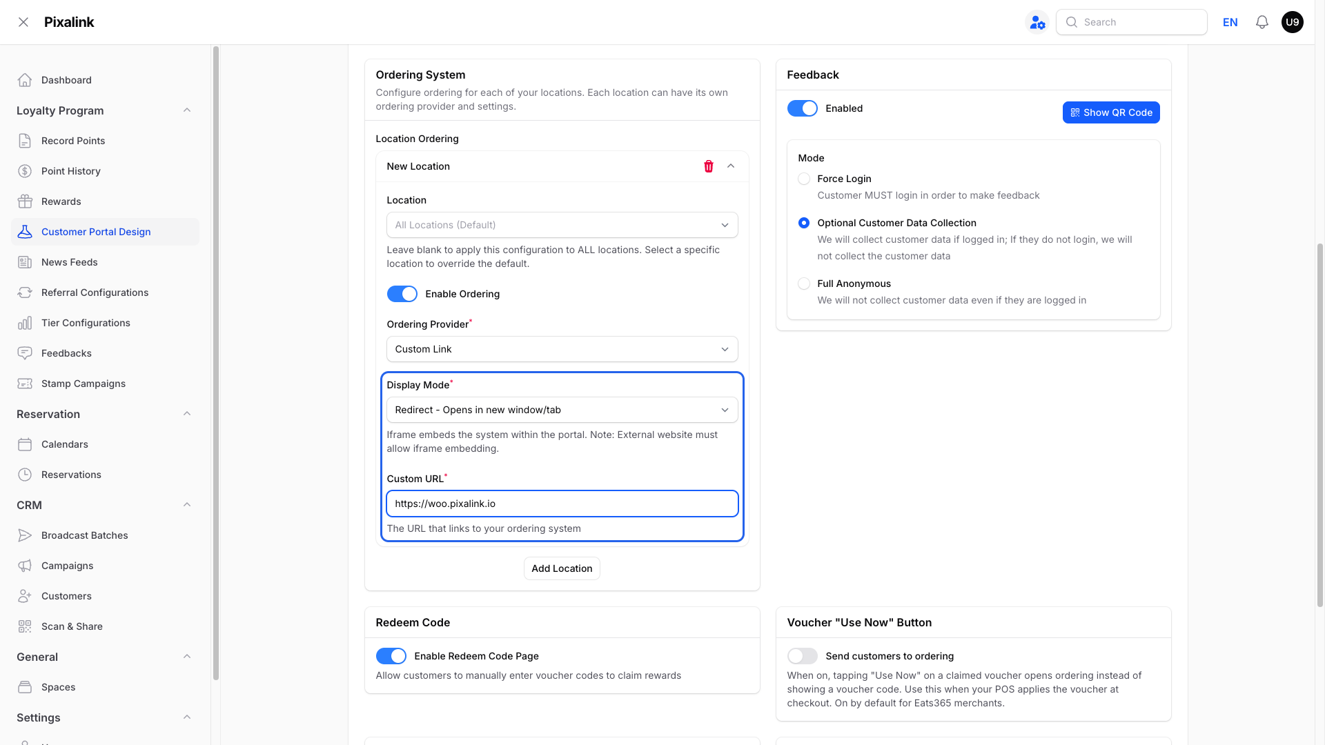 Ordering System with Custom Link chosen, and the Display Mode and Custom URL fields highlighted: Redirect - Opens in new window/tab and https://woo.pixalink.io