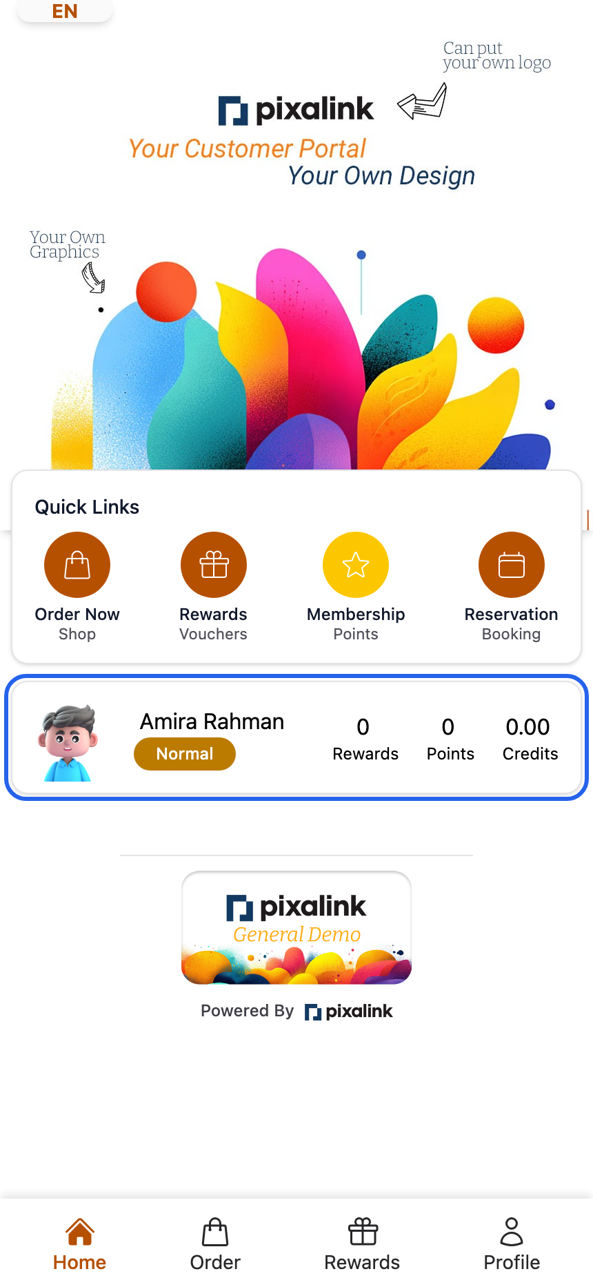 Customer portal home page with the member card highlighted, showing the member's name, tier, rewards, points and credits