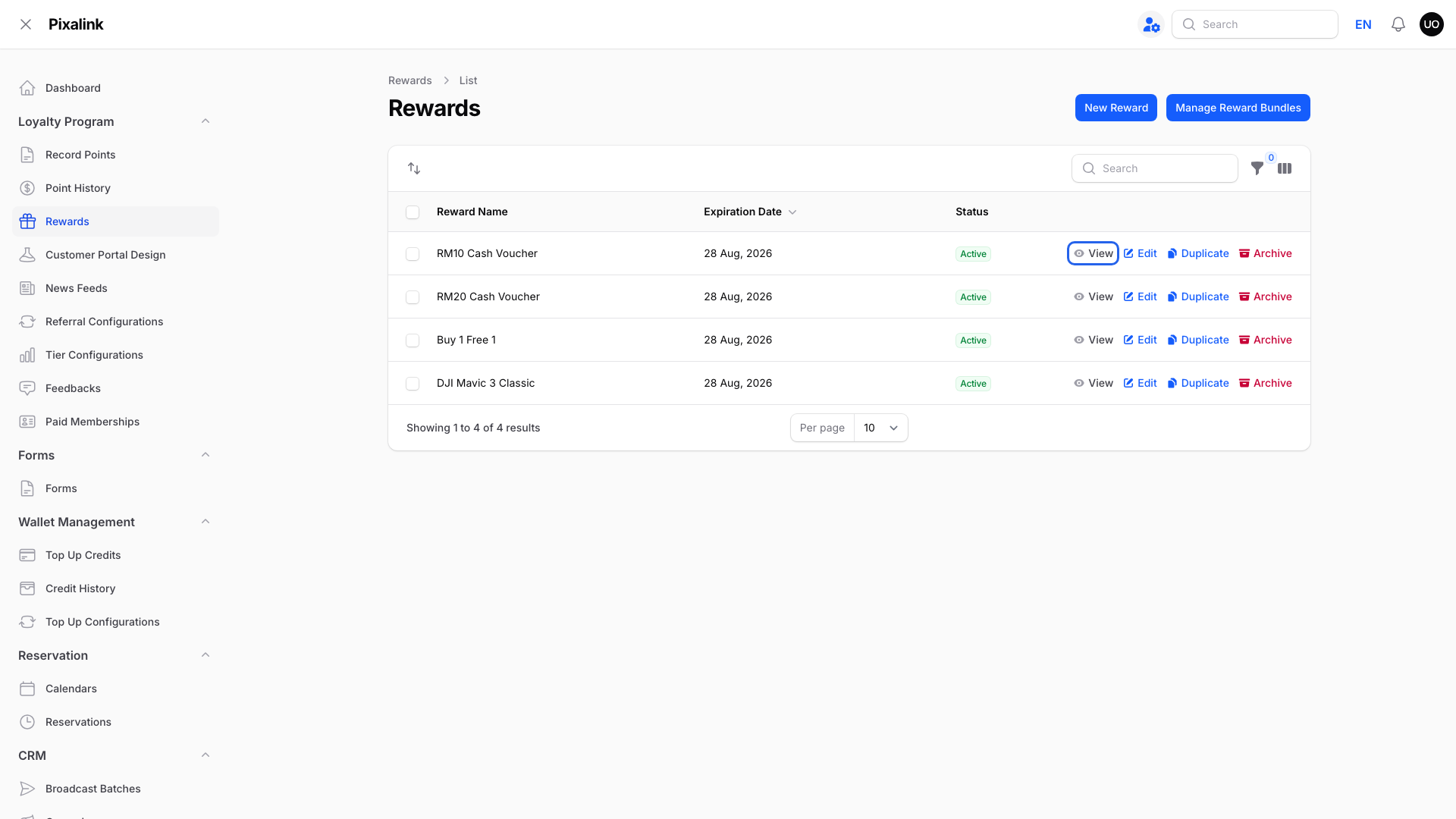 Rewards list with the View action on a reward highlighted