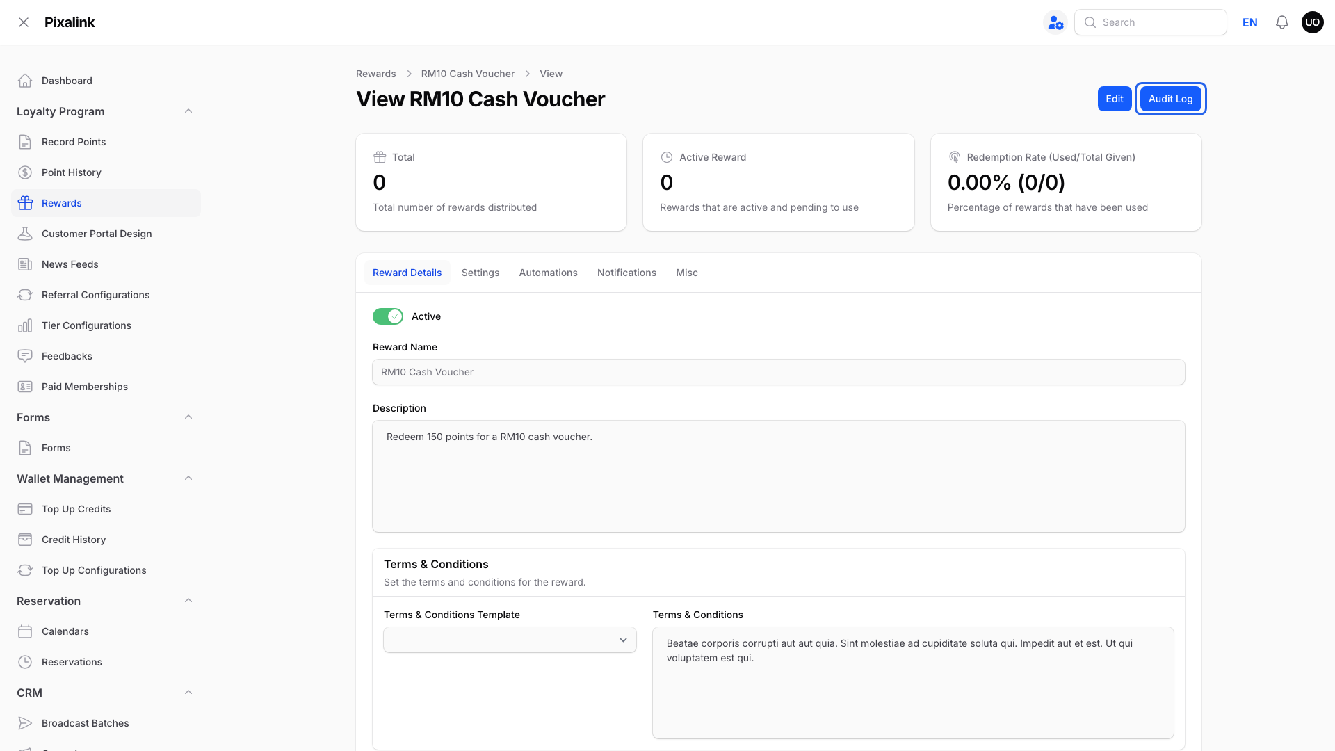 View reward page with the Audit Log button highlighted at the top right