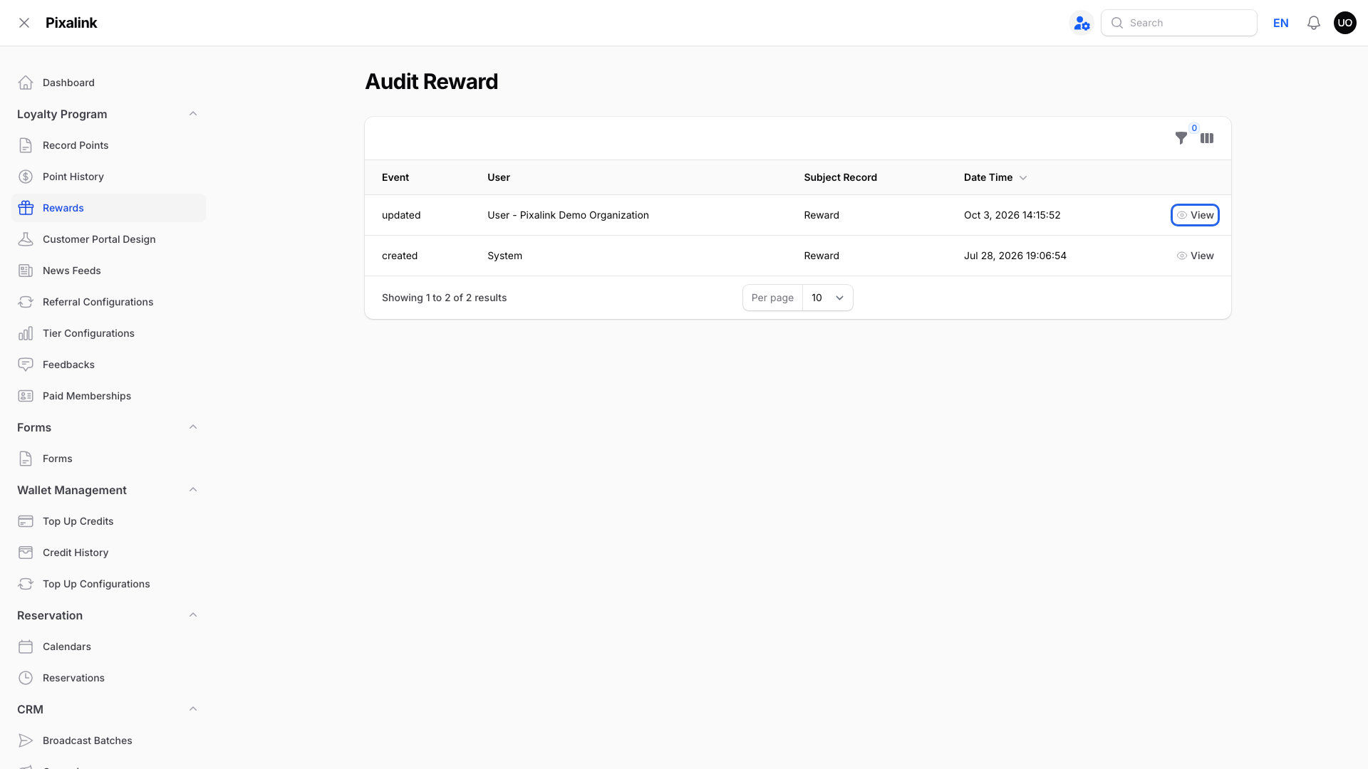 Audit Reward page with the View button highlighted on the newest updated entry
