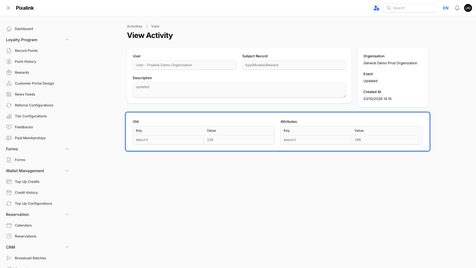 View Activity page with the Old and Attributes boxes highlighted, showing amount changed from 150 to 100