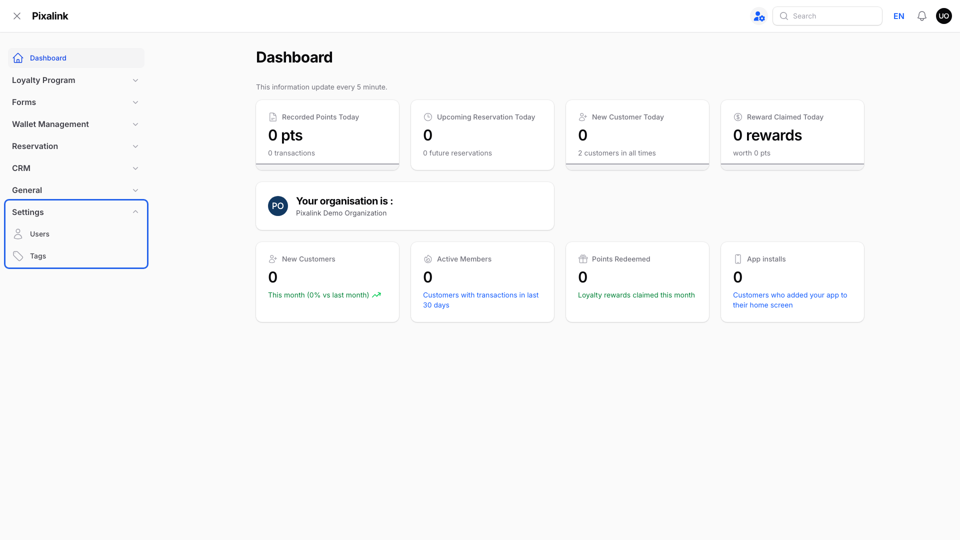 Admin sidebar with the Settings group highlighted, showing only Users and Tags and no Configurations item