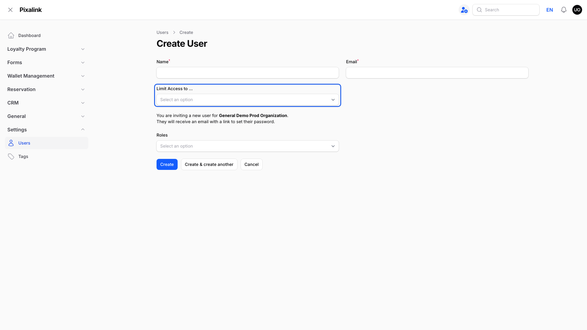 Create User form with the Limit Access to field highlighted, left empty