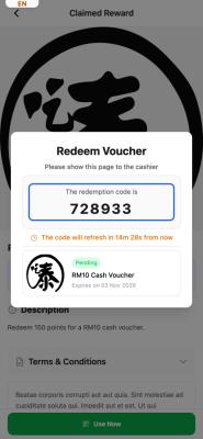 Customer portal Redeem Voucher window with the 6-digit redemption code highlighted, above the 15-minute refresh timer