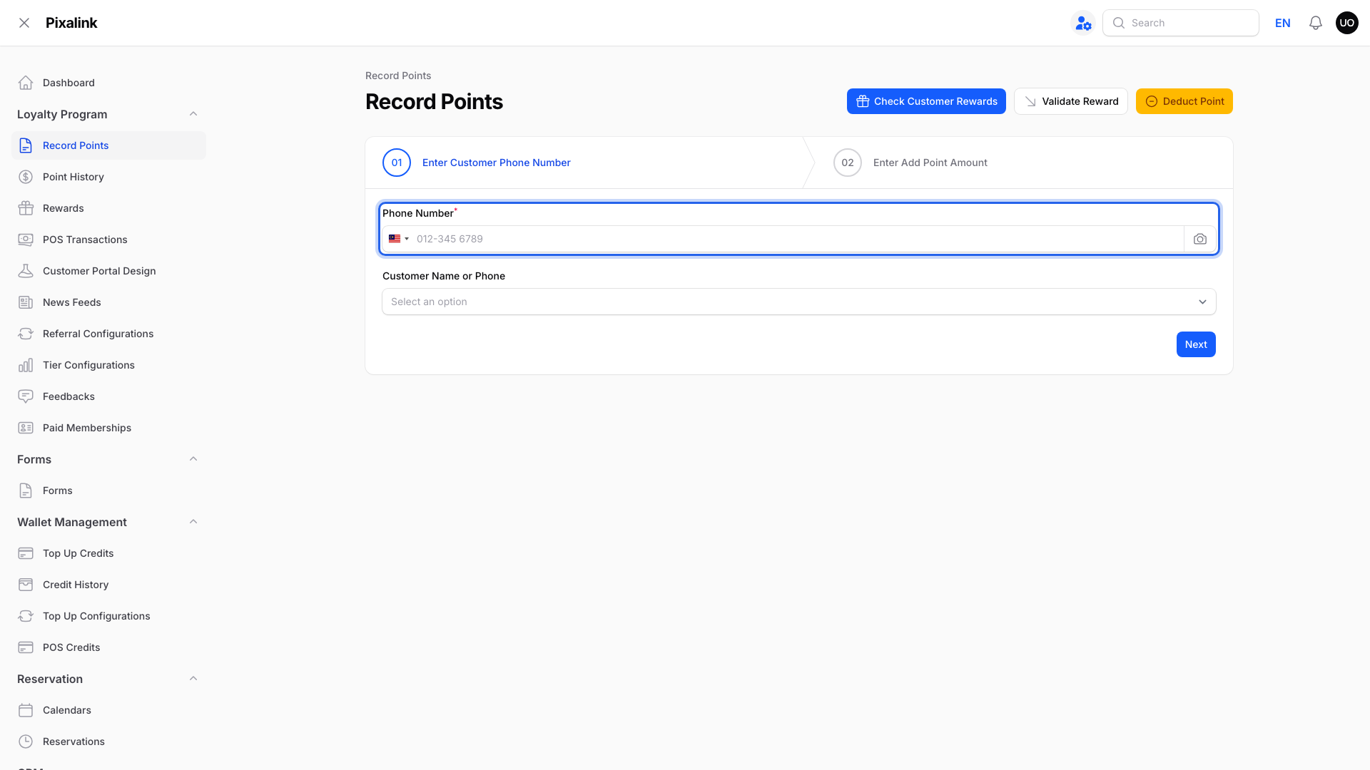 Step 2: The Phone Number field highlighted on the Record Points page