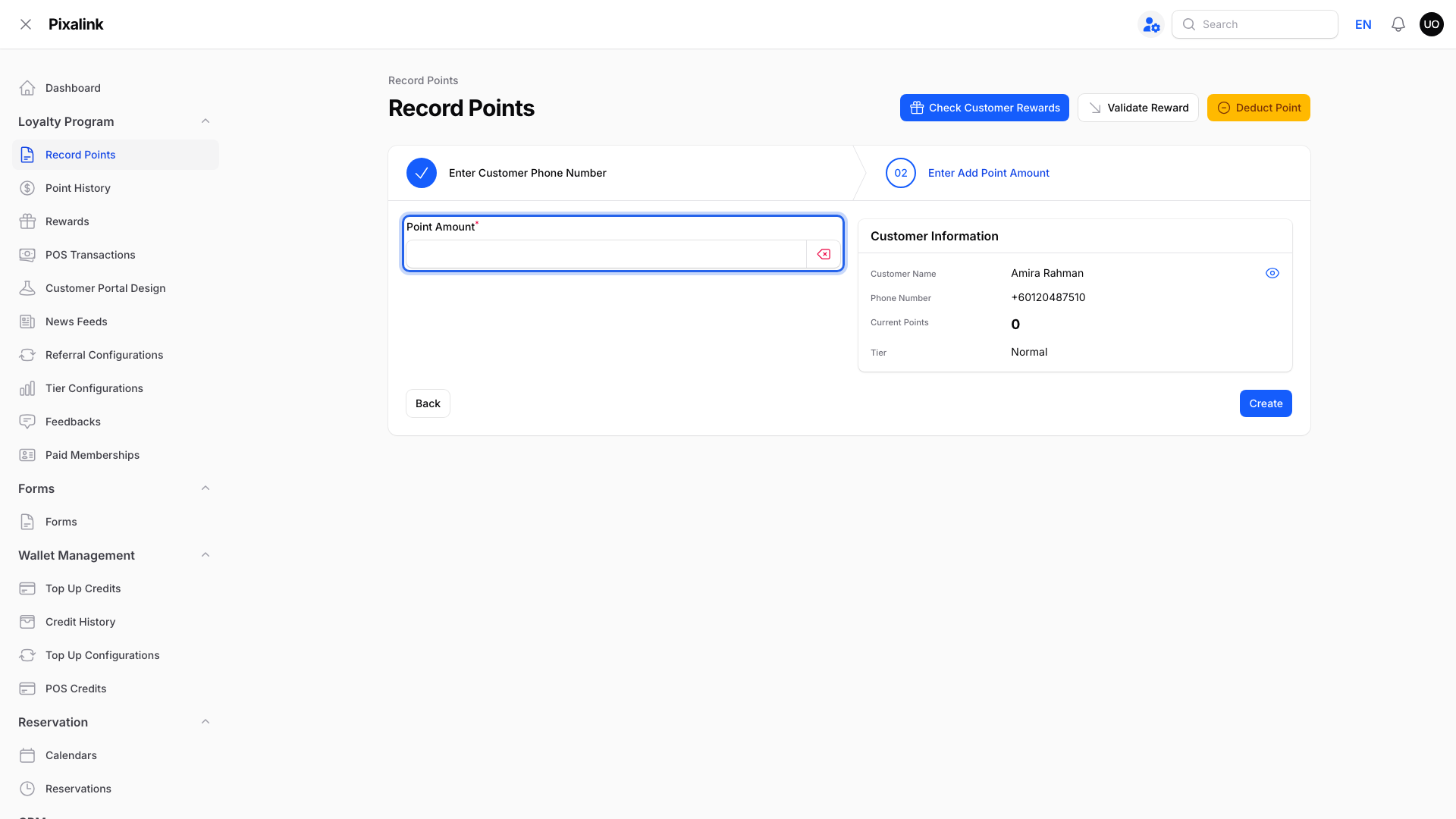 Step 4: The empty Point Amount field highlighted, with the customer's details on the right