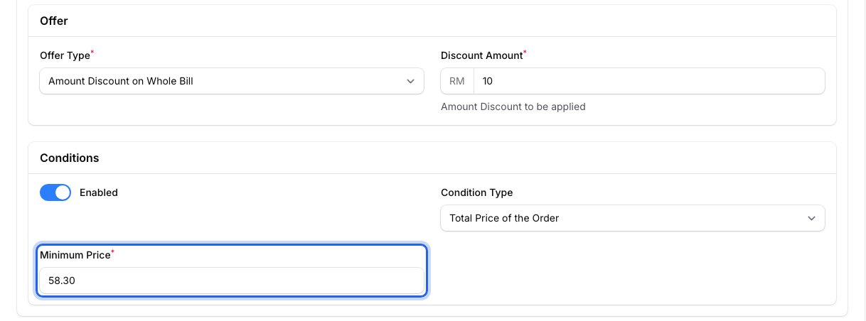 Eats365 Offer and Conditions sections with Condition Type set to Total Price of the Order and the Minimum Price field highlighted at 58.30