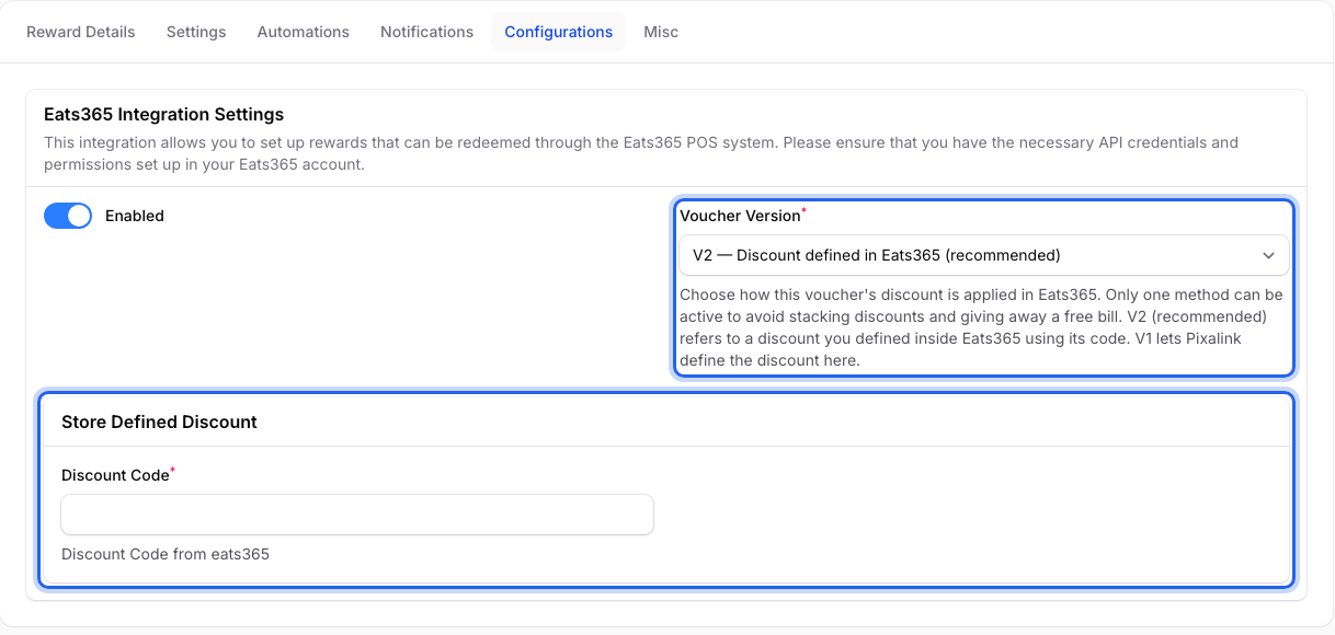 Configurations tab with Eats365 Integration Settings enabled, Voucher Version set to V2 and the Store Defined Discount section with its Discount Code field highlighted