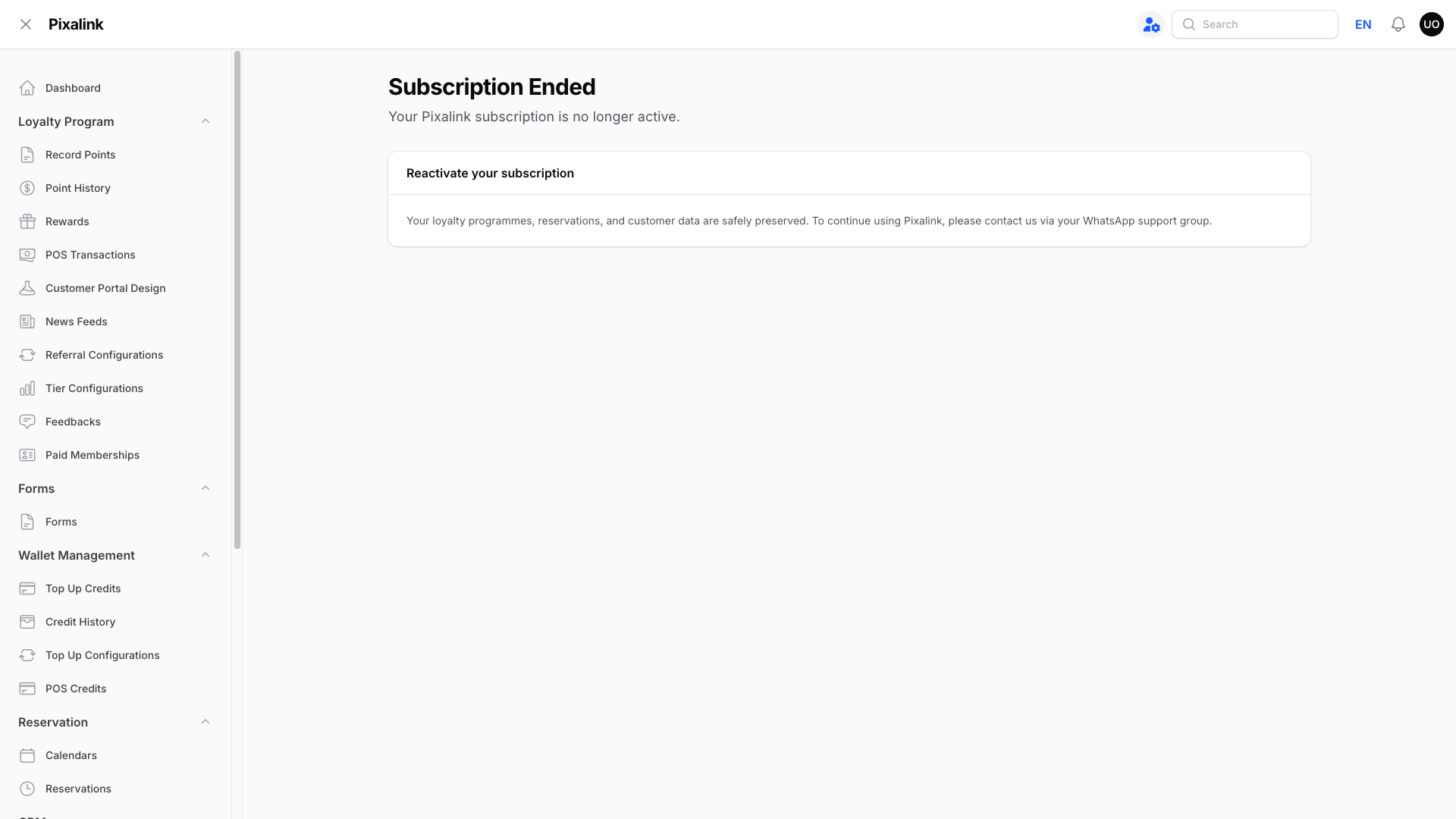 The Subscription Ended page your team sees in the Admin Panel, saying your data is safely kept