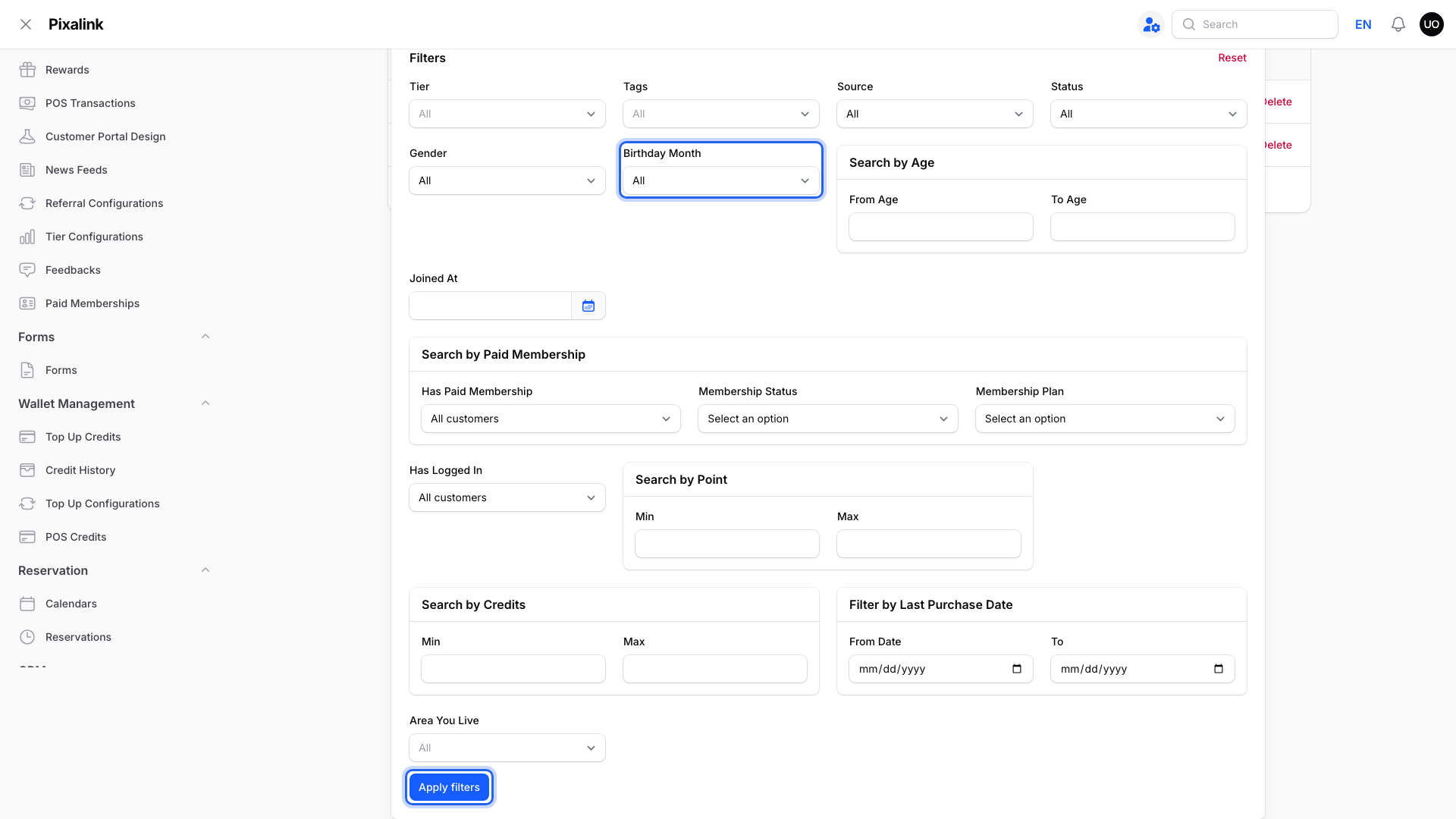 Step 2: The Filters panel open on the Customers page, with the Birthday Month dropdown and the Apply filters button highlighted