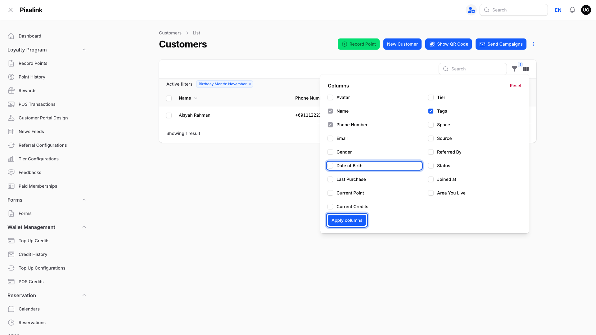 Step 3: The Columns menu open on the Customers page, with the Date of Birth checkbox and the Apply columns button highlighted