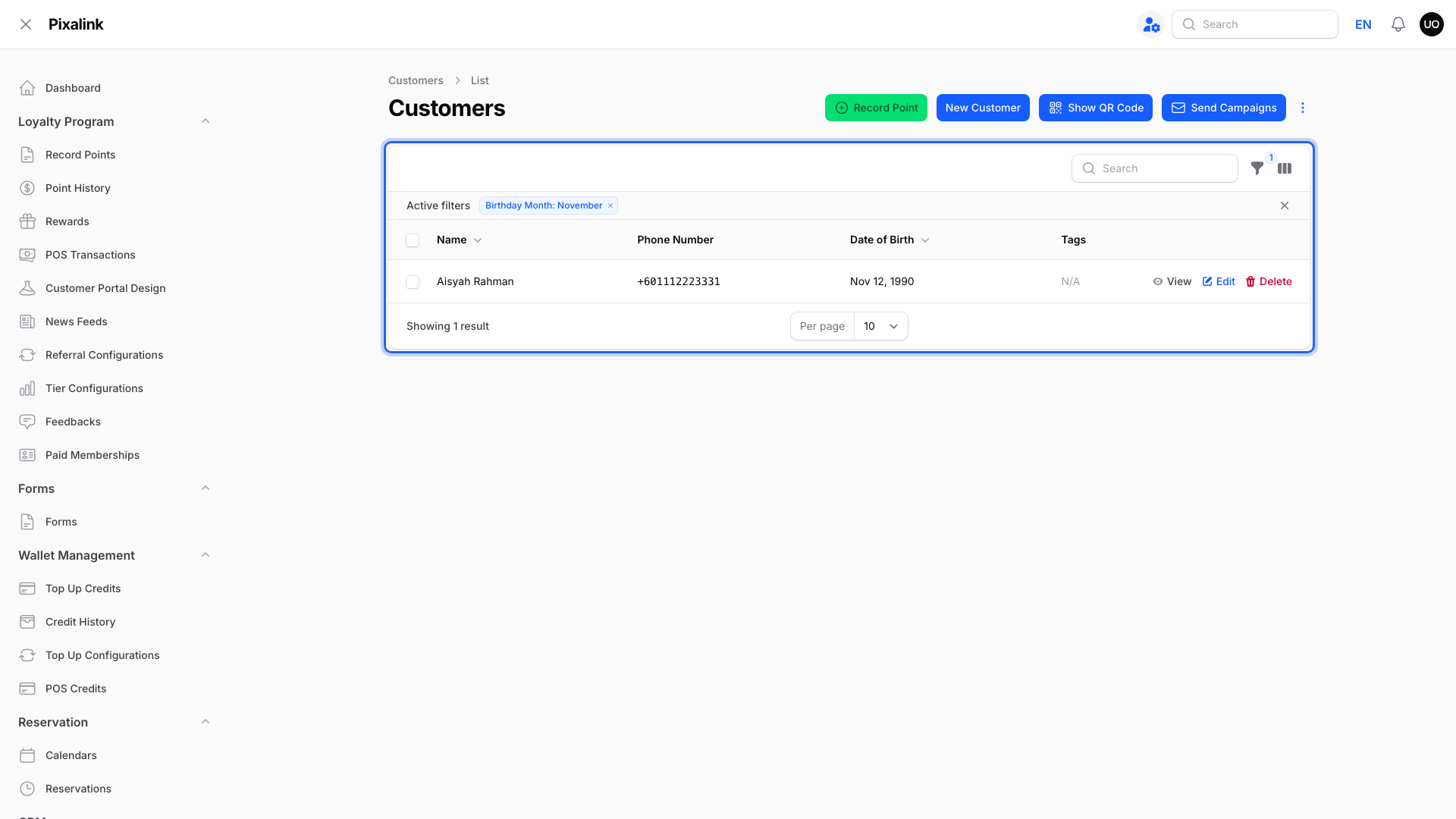 Step 4: The Customers list filtered to Birthday Month November, showing the Date of Birth column with one customer born on 12 November
