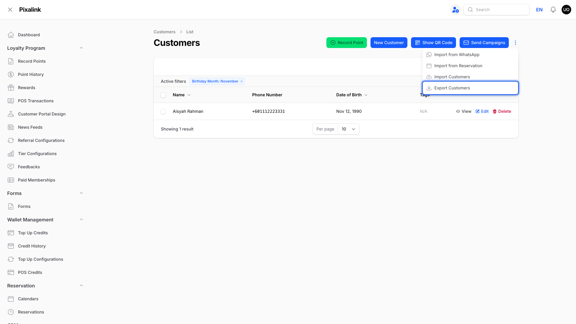 Step 5: The three-dot menu open at the top right of the Customers page, with Export Customers highlighted
