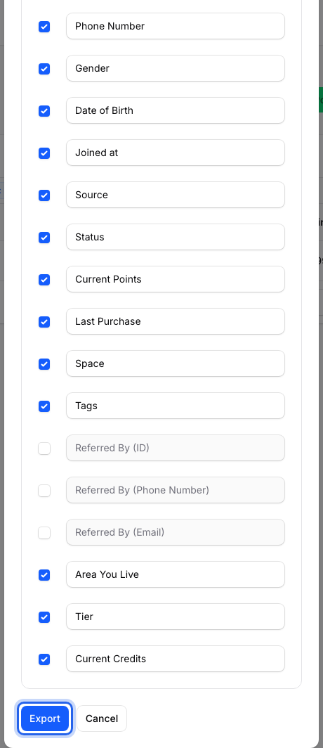 Step 6: The Export Customers window with Date of Birth ticked in the column list and the Export button highlighted