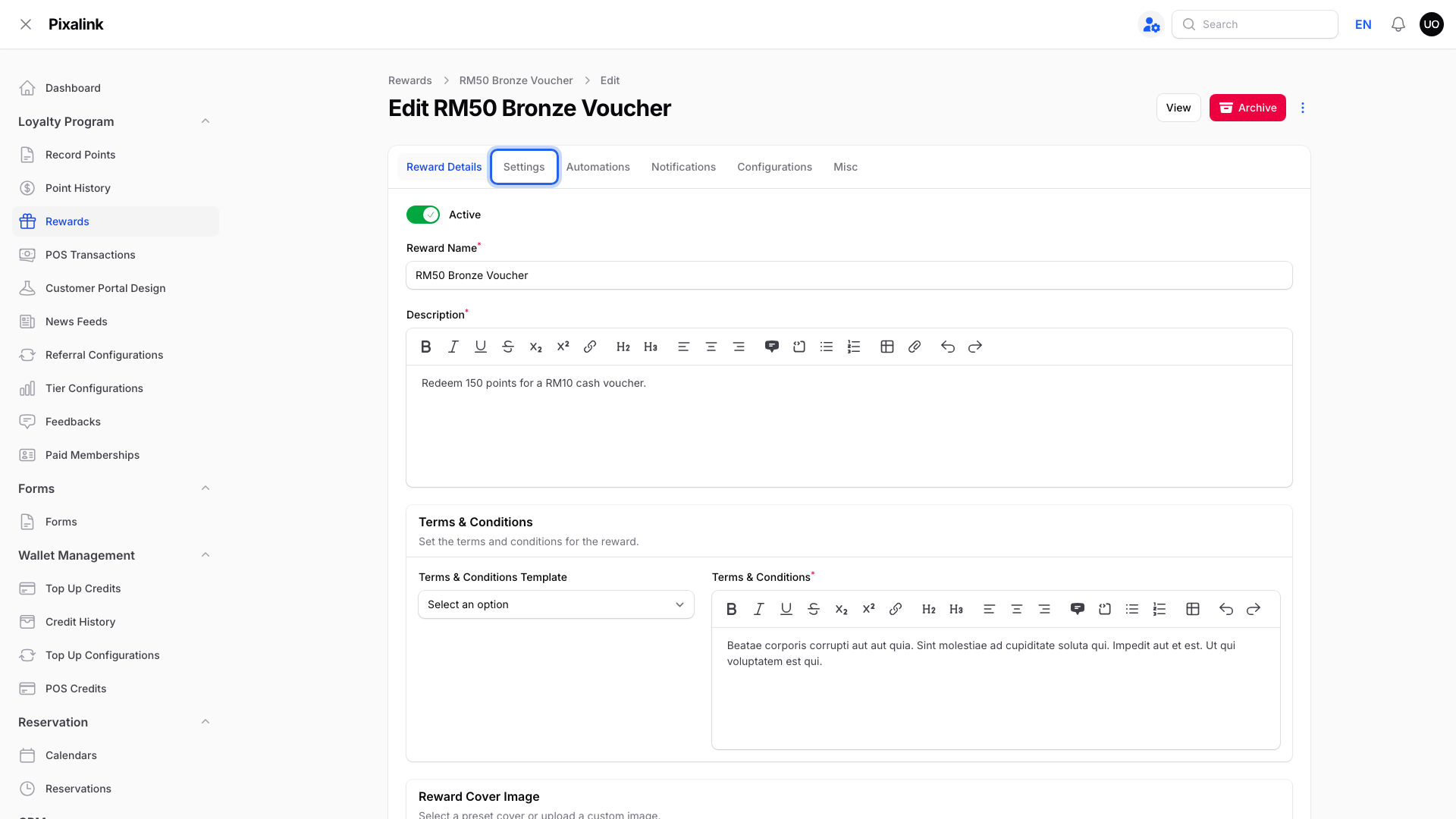 Step 2: Edit reward page with the Settings tab highlighted
