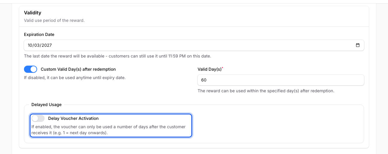 Step 3: Validity section with the Delay Voucher Activation switch highlighted, still off
