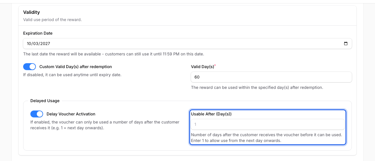 Step 4: Empty Usable After (Day(s)) field highlighted under Delayed Usage, below Valid Day(s)