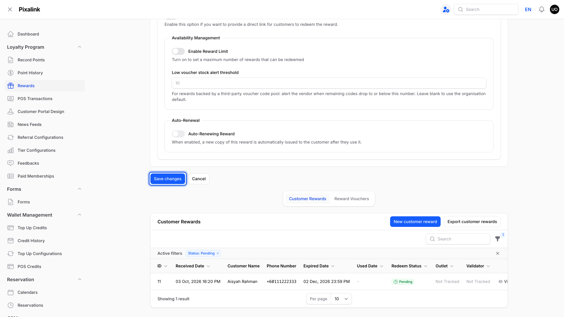 Step 5: Bottom of the reward form with the Save changes button highlighted