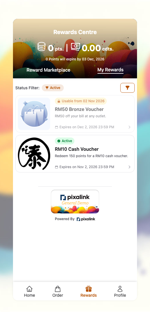 Customer portal My Rewards list showing the RM50 Bronze Voucher with a Usable from date badge