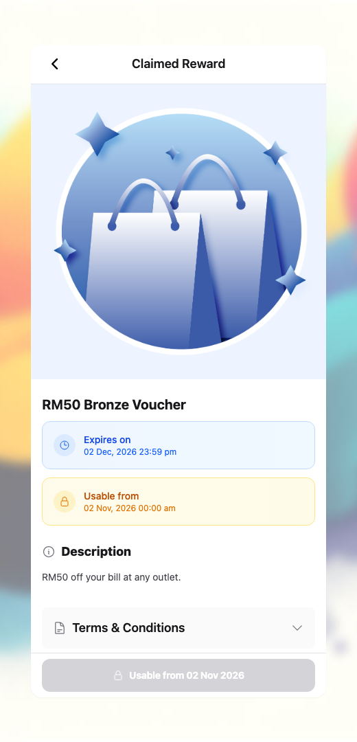 Customer portal voucher page showing Expires on, Usable from and a locked button until the unlock date