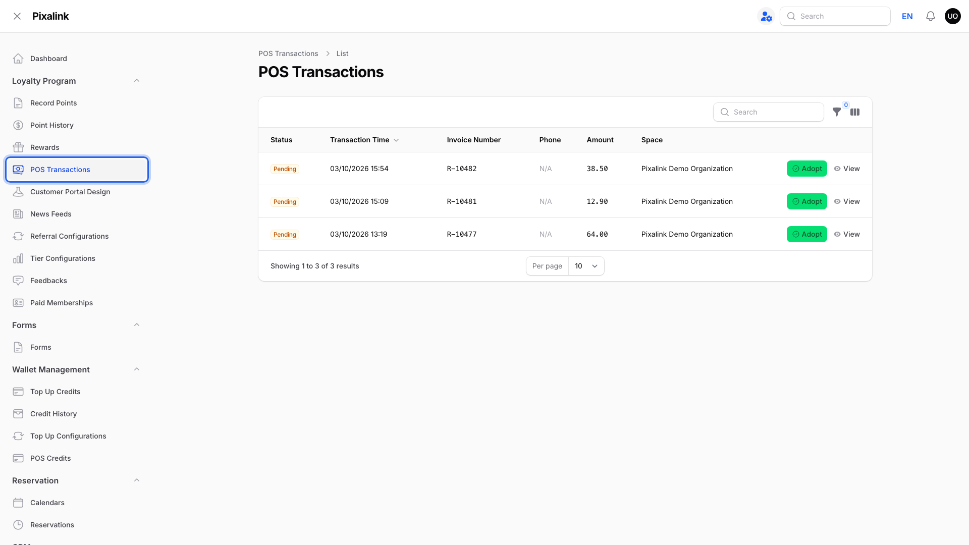 Step 1: Loyalty Program → POS Transactions highlighted in the sidebar, showing Pending sales with N/A in the Phone column