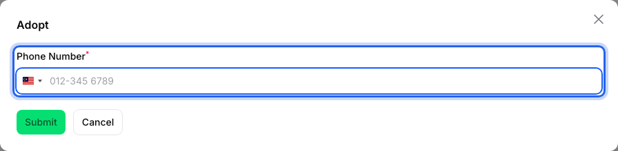 Step 3: The Adopt pop-up with the empty Phone Number box highlighted