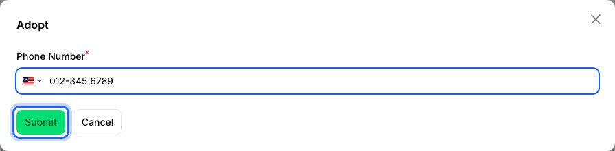 Step 4: The Submit button highlighted in the Adopt pop-up after the phone number is typed in